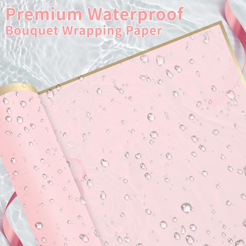 Besuper 52Pcs Flower Bouquet Wrapping Paper Accessories Kit, 20 Sheets Pink Waterproof Floral Wrapping Paper, 12 Gold 12 Pink Butterflies, 5 Cards, 1 Ribbon, 1 Letter 1 Rhinestone Sticker (Gold Edge) - Image 3